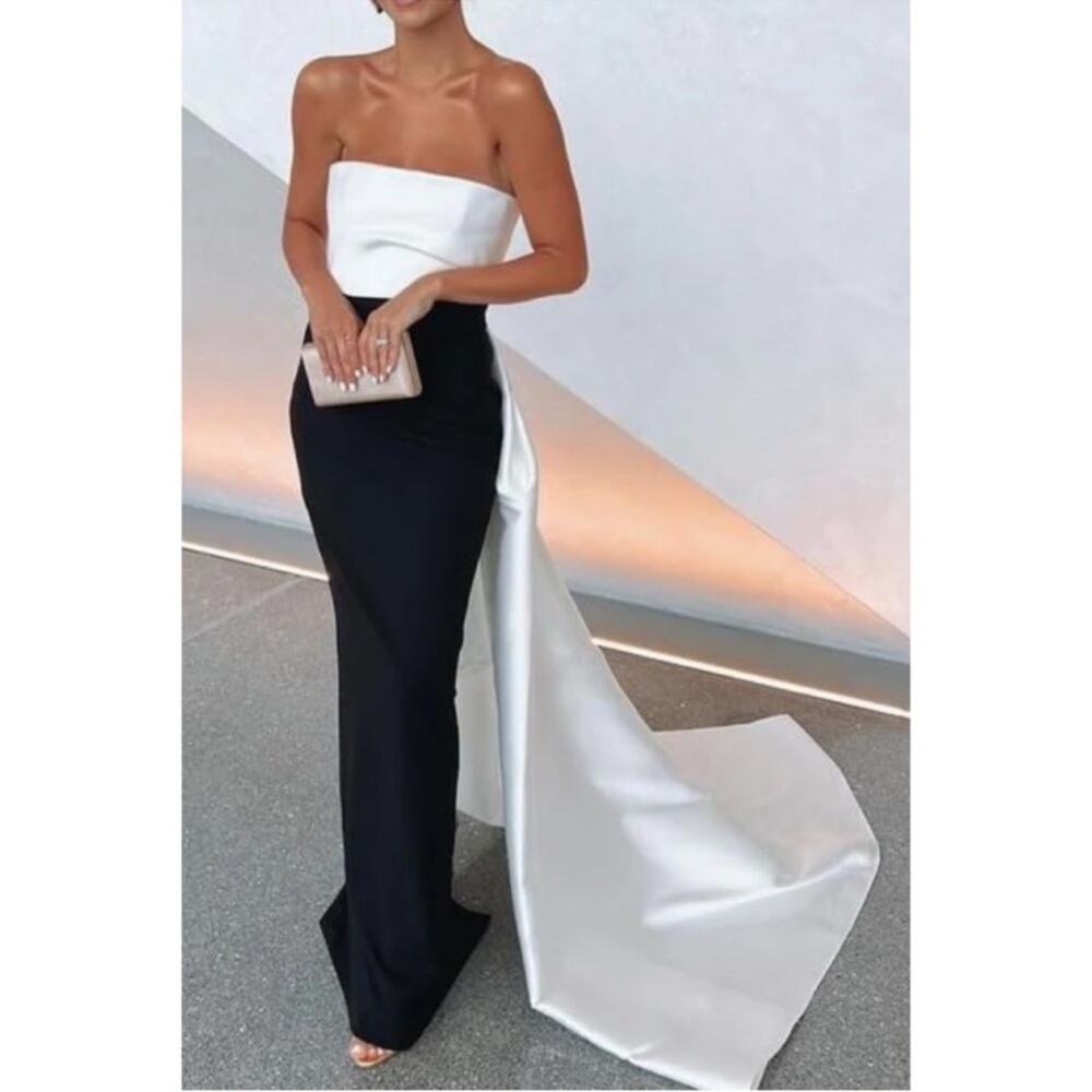 SOLACE LONDON Kinsley Strapless Ruched Draped Maxi Dress in Cream & Black Sz 0 - Picture 3 of 12